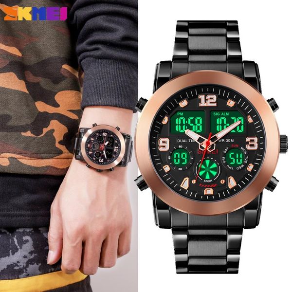 

skmei luxury digital mens quartz watches sport 3 time count down clock chronograph waterproof stainless steel male wrist watch, Slivery;brown