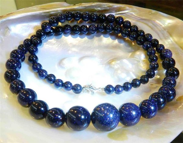 

6-14mm galaxy staras blue sand sun sitara gems round beads necklace 18, Silver