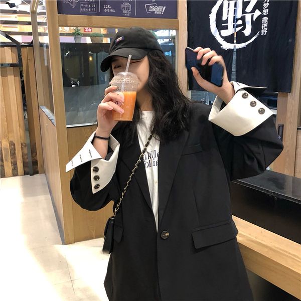 

2 colors vintage style long sleeve blazer womens jacket and coats casual one button long blazer womens (kl6396, White;black
