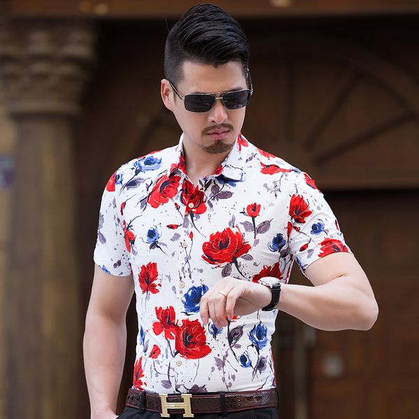 

men's casual shirts arrival mens summer shirt male camisa masculina printed red blue color beach short sleeve brand clothing, White;black