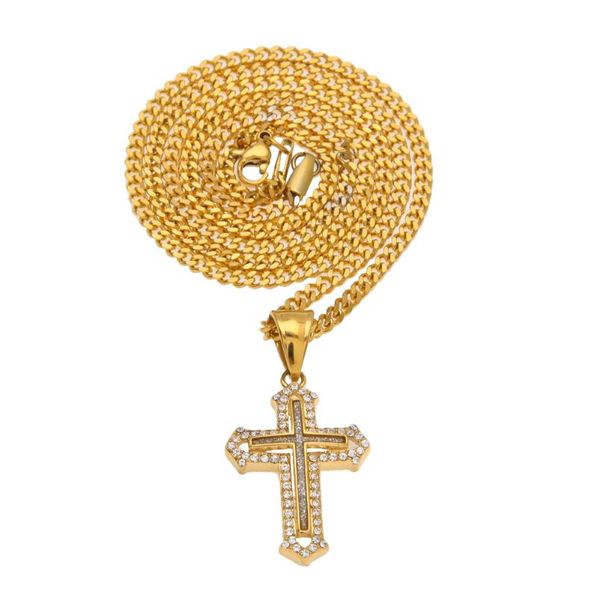 

stainless steel personality petite bling bling rhinestone jesus cross pendant necklace shiny crystal gold hip hop men's necklace, Silver