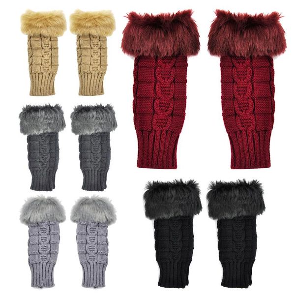 

five fingers gloves women faux fur hand wrist winter warmer knitted fingerless gift, Blue;gray