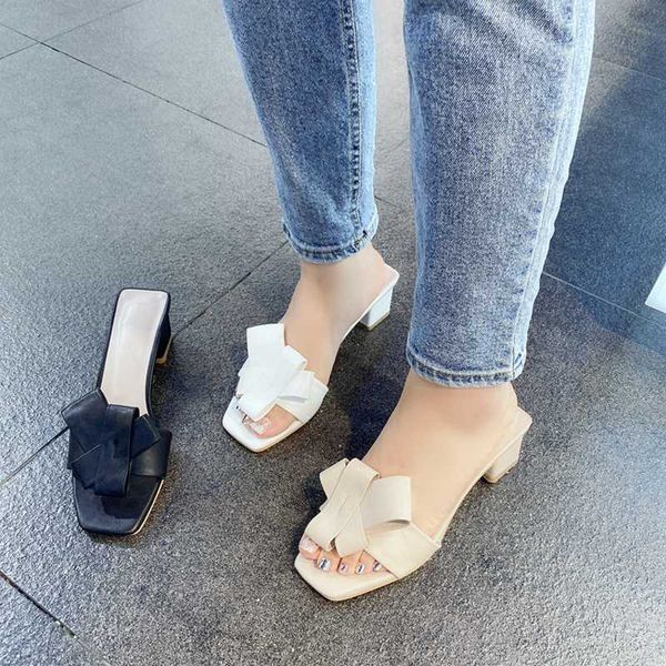 

kmeioo fashion bowknot shoes woman open toe chunky heels slip-on sandals outside slippers block heel slides, Black