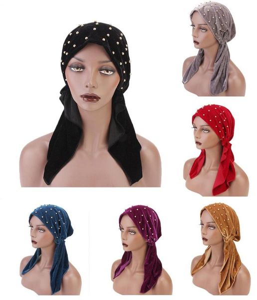 

women muslim velvet cap islamic cap long tail bandanas turban beanie skullies bonnet beads headwrap beads arab hair loss new, Blue;gray