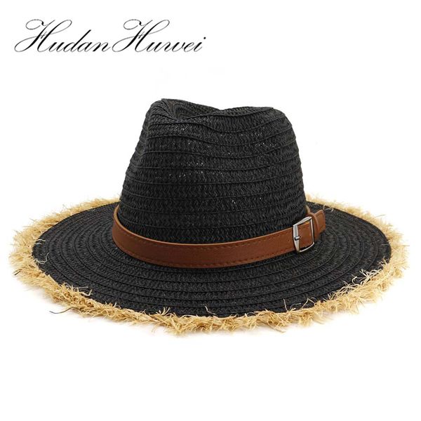 

summer wide furry brim paper straw jazz hat women outdoor sun visor hat belt buckle decor beach panama cowboy cap, Blue;gray