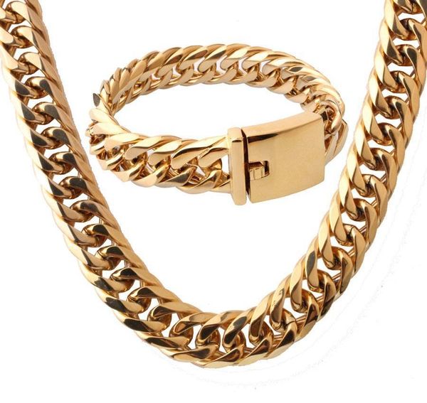 

16mm cool huge 316l stainless steel silver gold tone cuban curb chain mens boys necklace 24 &bracelet bangle 8.66002