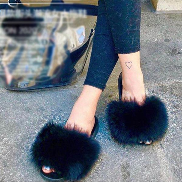 

slippers women fluffy plush autumn shoes woman 2021 outdoor slides fashion female flat summer fur sandals ladies slipper, Black