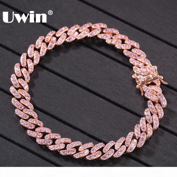 

uwin rose gold color cuban link bracelet 9mm iced out pink cubic zirconia men women bracelets fashion hiphop jewelry, Golden;silver