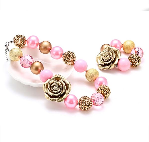 

wholesale girls vintage piink golden flower bubble necklace bracelet kids chunky choker children princess jewelry002, Silver