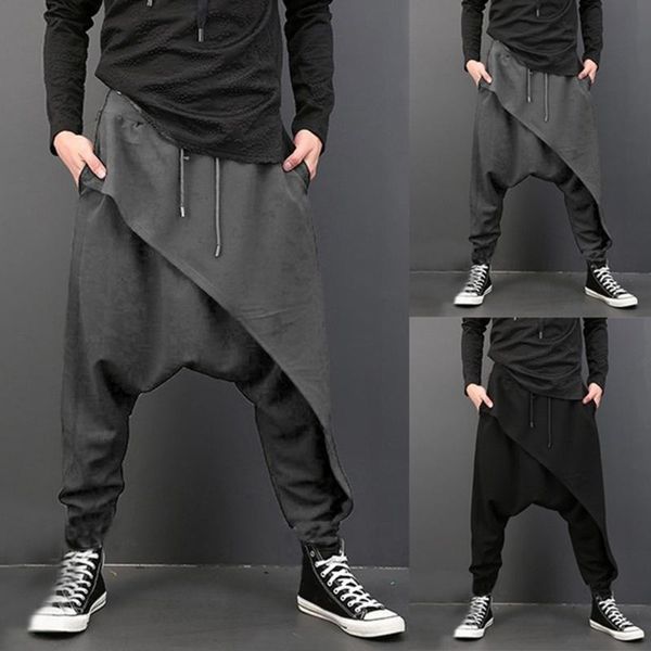 

men's pants tactical casual harem irregular hem loose solid color hip hop trousers jogger pantalon homme, Black