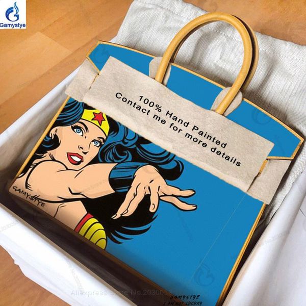

art handmake hand paint wonder girl leather luxury women handbags classic totes silver golden lock 100% leather bag