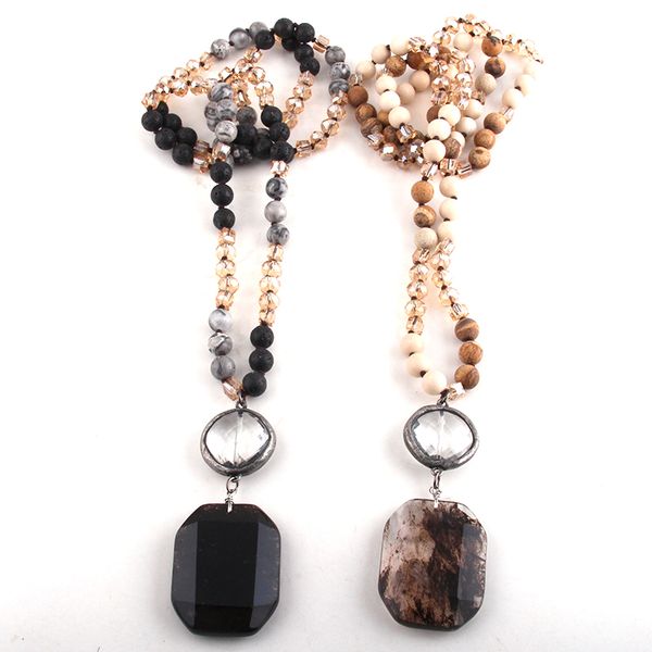 

rh fashion bohemian tribal jewelry crystal & stone long knotted natural rectangle pendant necklaces for women jewelry, Silver