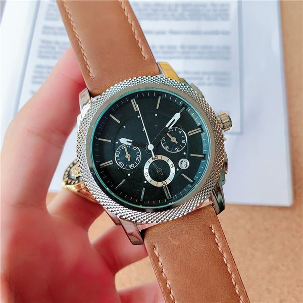 

quality full-featured quartz men watch 3 dial 6 needles all dials can work gold fashion casual automatic date chronograph men watches, Slivery;brown