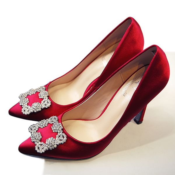 

wed2020 high-heeled pointed square buckle rhinestone bridal wedding red thin heel single shoes women's shallow mouth black