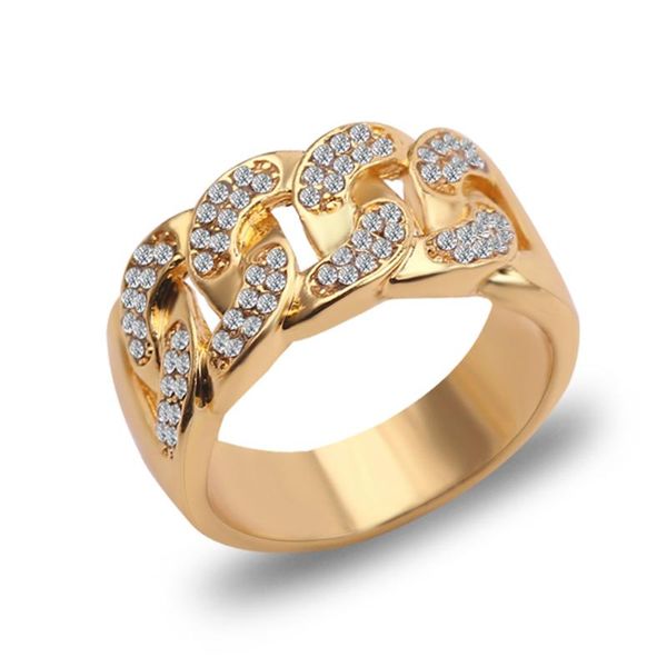 

hip hop cuban link chain ring golden color bling bling alloy ring filled crystal rings for women men trendy jewelry gift, Golden;silver