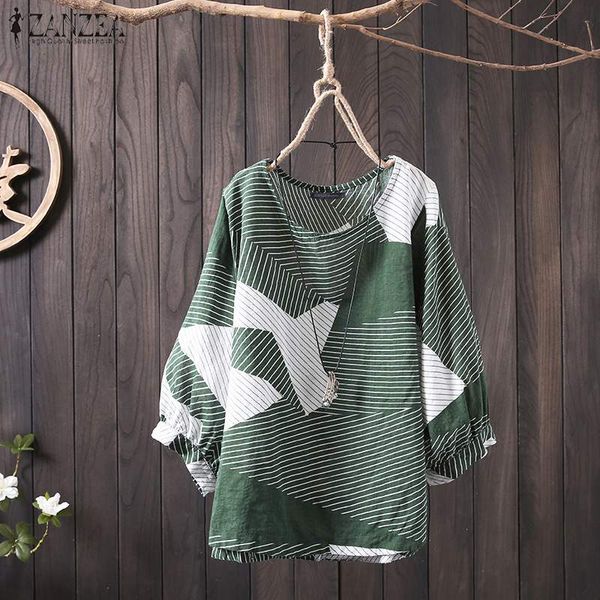 

zanzea plus size women and blouses female casual 3/4 lantern sleeve tunic ladies vintage printed work blusas femininas, White