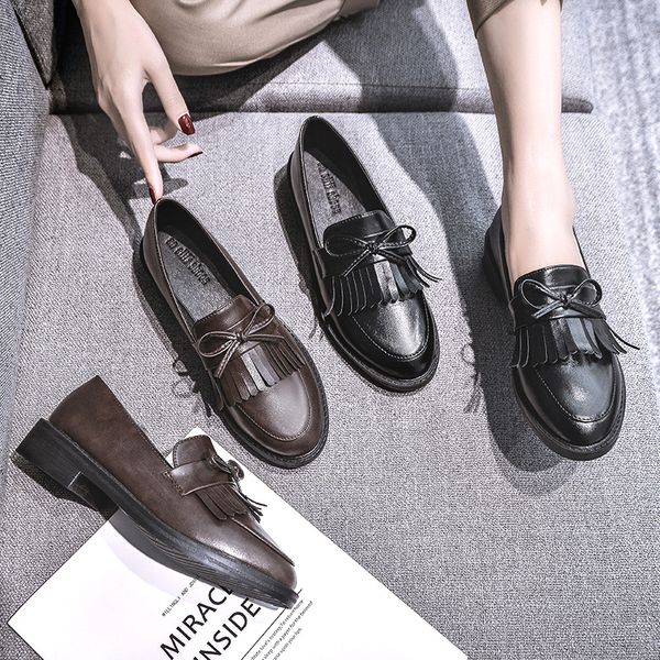 

solid fringe round toe flats bow-tied thick heels casual comfy women shoes retro british femme loafers brief leisure moccasins, Black
