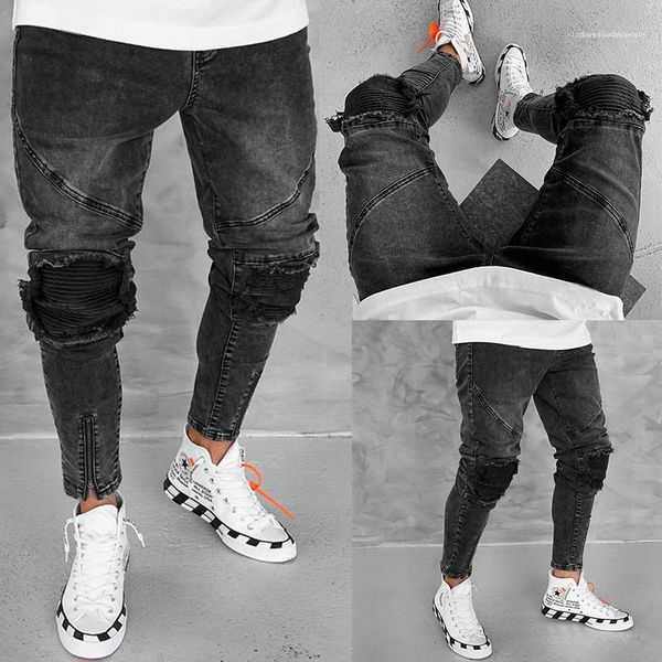 

solid color ripped zipper decoration stacked pants fashion male clothes autumn mens designer straight jeans slim, Blue