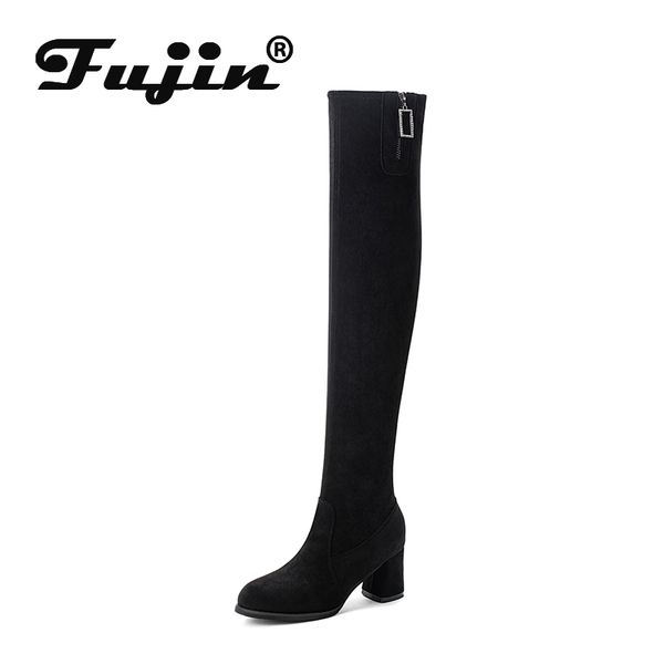 

fujin сапоги зимы женщин длинные сапоги dropshipping круглый toe высокие каблуки плюшевые высота увеличение квадратных heels над коленом, Black