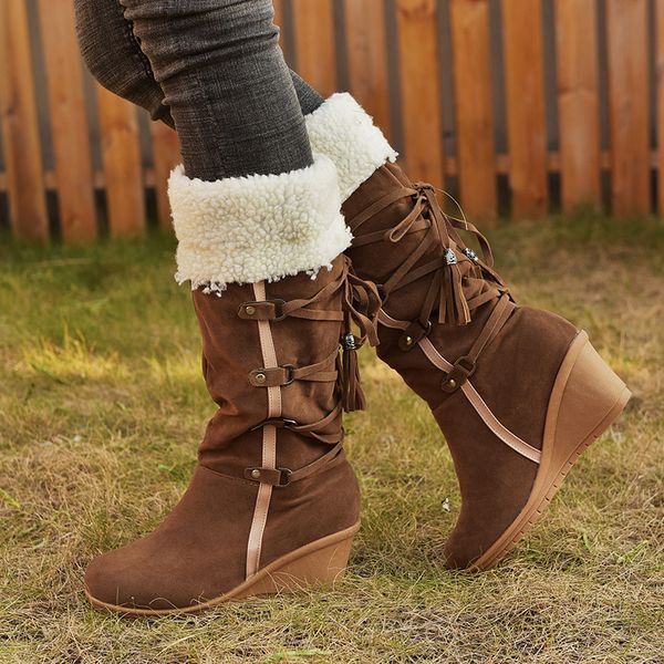 

shoes for women knee-high boots snow boots winter warm fur wedge thick bottom black shoes female plus size 35-43