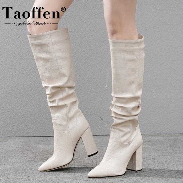 

taoffen women knee boots fashion pointed toe high heel winter shoes woman stone print long boot office lady footwear size 34-43, Black