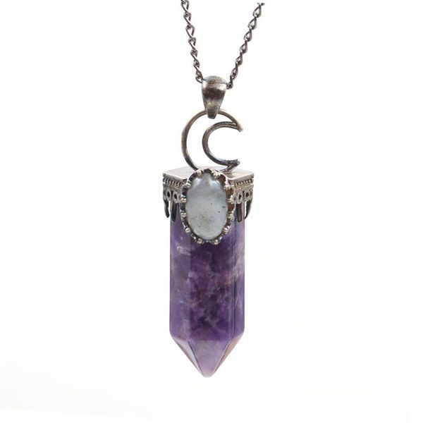 

xsm hexagon pillar pendants antique necklaces for women men natural stone oval labradorite crescent moon crown shape jewelry, Silver