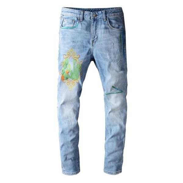 

2020 new mens jeans distressed motorcycle biker jeans rock skinny slim ripped hole famous denim pants skinny jeans 28-36, Blue