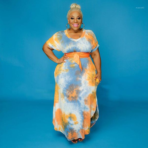 

dye short sleeve side pocket long dress fashion plus size female clothing summer womens designer pencil dress tie, Black;gray