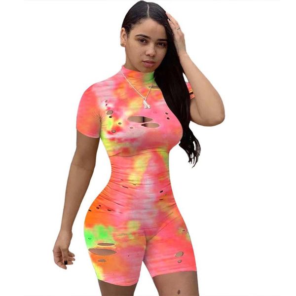 

adogirl fashion hole tie dye print jumpsuit mock neck short sleeve cut out bodysuit women short romper one piece playsuit, Black;white