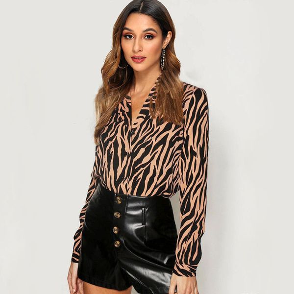 

women's blouses & shirts women long sleeve turn down collar chiffon blouse fashion zebra print office shirt casual plus size chemisier, White