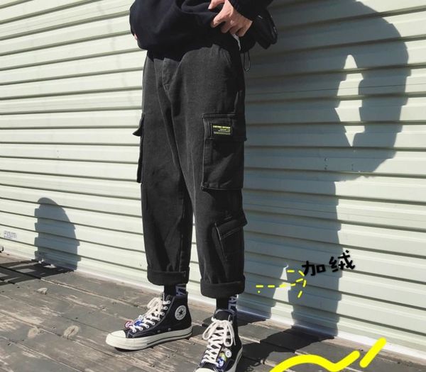 

2018 new autumn and winter plus velvet thick multi-pocket tooling jeans loose solid color casual straight pants black  2xl, Blue