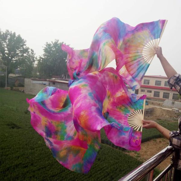 

wholesale handmade tie dye 1 pair (1r+1l) 1.5mx0.9m dark sturdy belly dance real silk fan veil fresh pink blue ing, Black;red