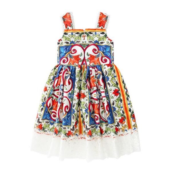 

dress summer new girls full print lace children's sling princess dress ly048, Red;yellow