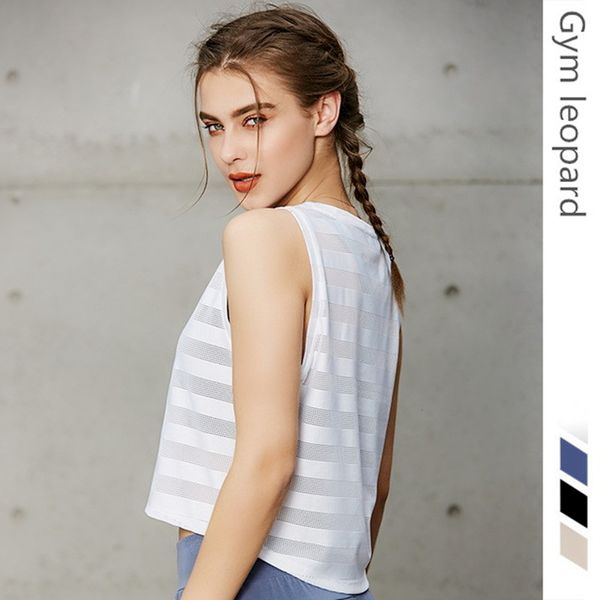 

yoga outfits striped mesh patchwork loose breathable vestsports shirt summer fitness tank women's running training blouse crop, White;red