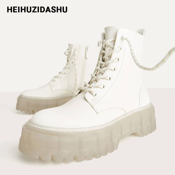 

2020 пвх прозрачный каблук ботильоны для женщин white lace up платформа boots женщин осень ins горячие женщины коренастый мотоцикл сапоги, Black