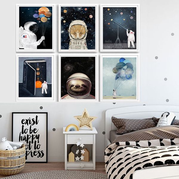 

astronaut planet space balloon telescope wall art canvas painting prints posters cartoon fox bear wall pictures kids room decor