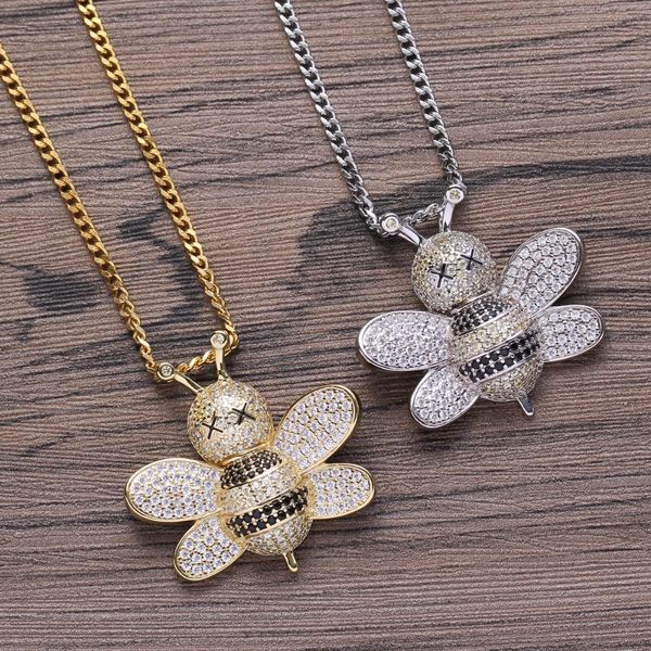 

pendant necklaces brass setting cz bee iced out cubic zircon necklace hip hop gift jewelry bling cn203, Silver