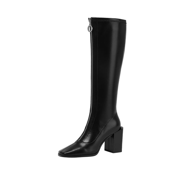 

genuine leather female chunky heels women knee high boots winter warm riding boots brand plus size dancing shoes woman, Black