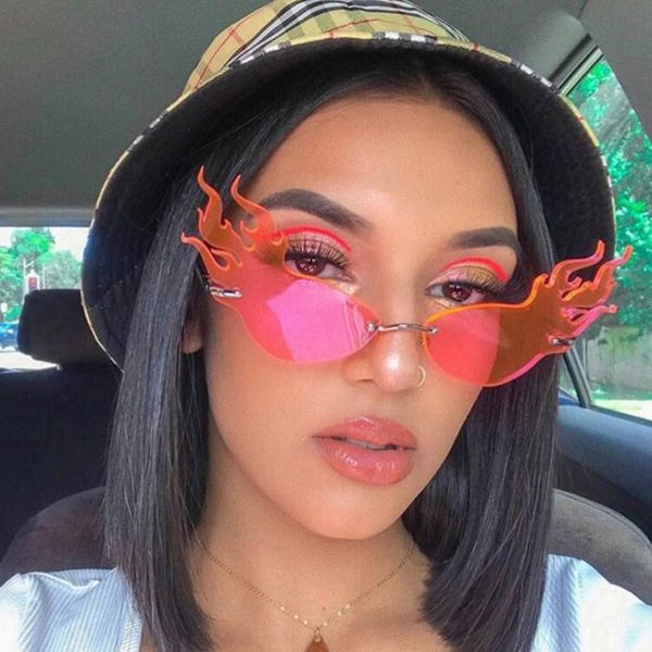 

dave luxury fashion rimless sunglasses women punk fire flame sun glasses female metal clear lens red yellow green eyewear uv400, White;black
