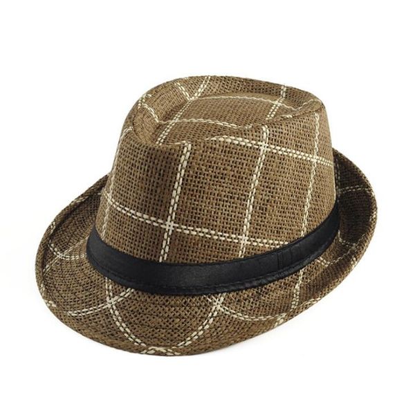

fashion men plaid straw jazz hat with leather belt bowler brim fedora hats summer beach stylish panama caps sun protection, Blue;gray