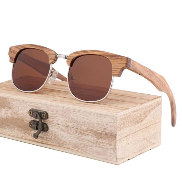 

classic vintage retro polarized semi-rimless sunglasses women men brand designer handmade zebra wood uv400, White;black