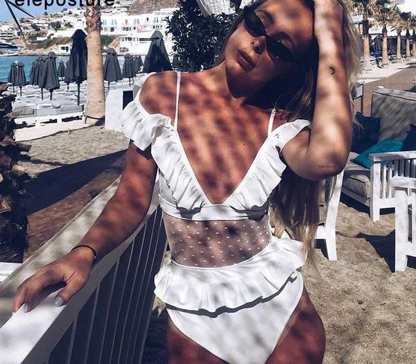 

2019 new v-neck one piece swimsuit women ruffle swimwear mesh bodysuit monokini solid bathing suit beachwear swimming suit, White;black