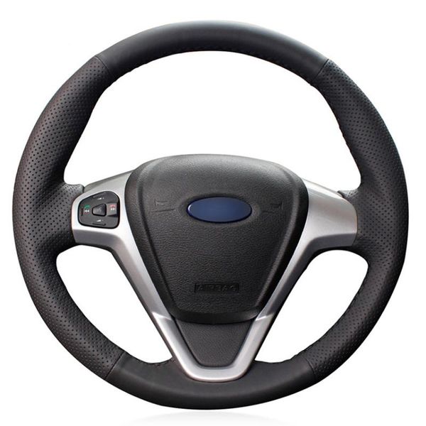 

black pu faux leather diy hand-stitched car steering wheel cover for fiesta 2008-2013 ecosport 2013-2020
