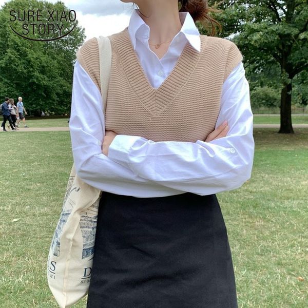 

women's vest knitted sweater 2020 autumn solid loose sweater knitted vest women v neck outerwear office fashion clothing 10974, White;black