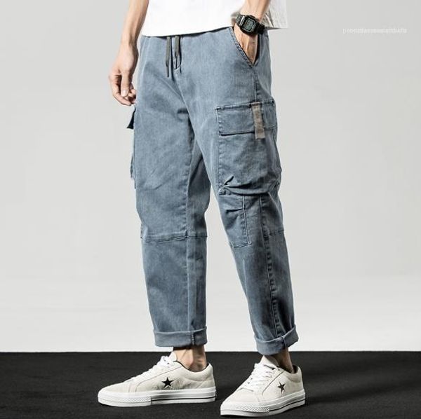 

plus size mens cargo pants casual light color relaxed harem pants with pockets spring summer street style mens trousers, Black