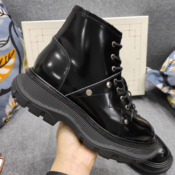 

prova perfetto patent leather high ankle boots genuine leather thick bottom woman boots round toe lace-up man fashion, Black