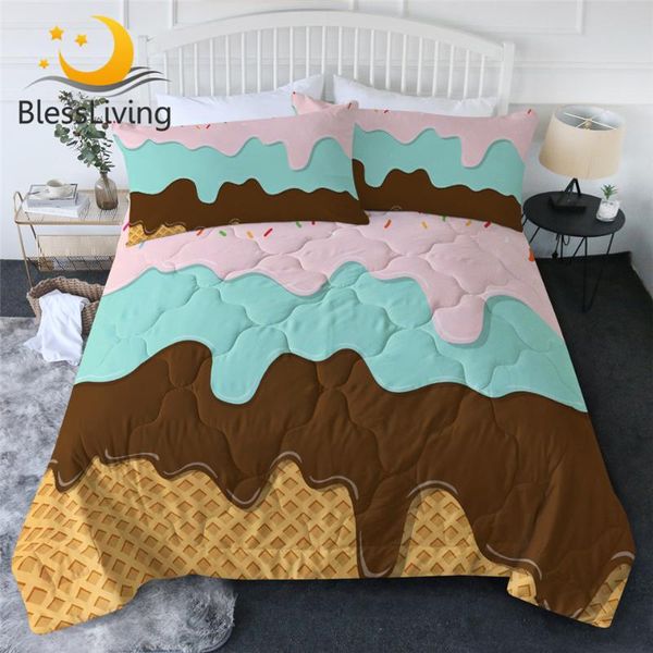 

BlessLiving Ice Cream Thin Quilt Waffle Summer Blanket 3-Piece Chocolate Comforter for Gilrs Microfiber Sweet edredones