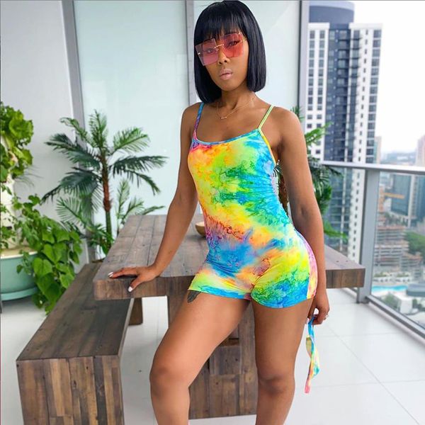 

women's jumpsuits & rompers tie dyeing print playsuit jumpsuit 2021 women clubwear sleeveless strap sports summer shorts trousers, Black;white
