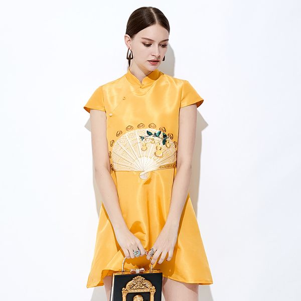 

ethnic clothing chinese traditional dress women's slim cheongsam yellow embroidery sequins modern oriental mini qipao evening dresses, Red