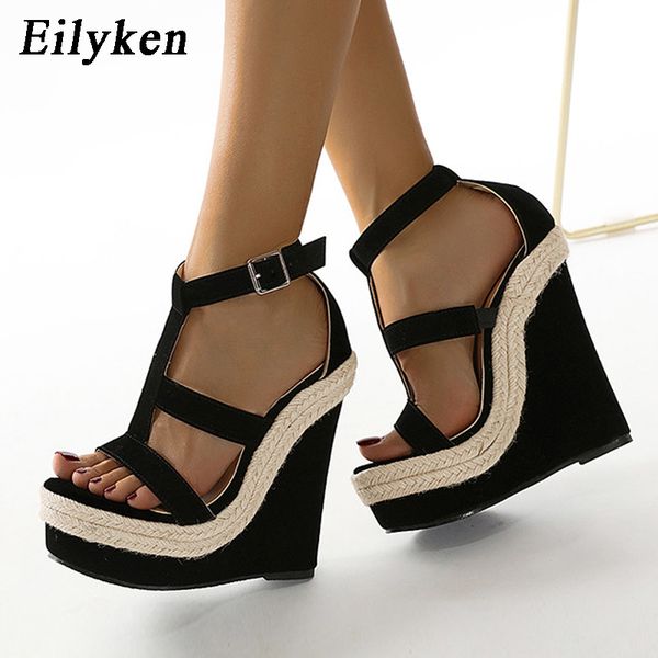 

eilyken roman casual wedge sandals female summer new ankle buckle strap platform gladiator high heels womens open toe shoes, Black